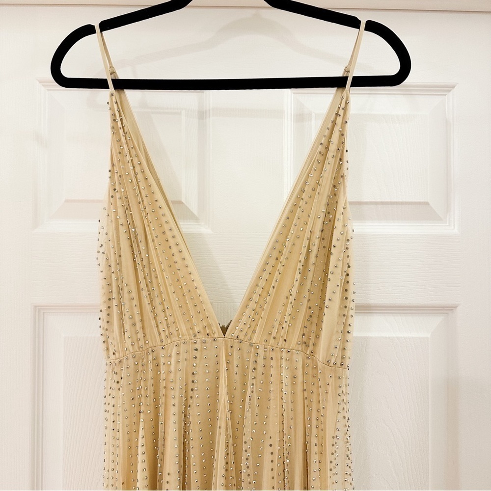 Revolve Divine Heritage Crystal Embellished Mesh Maxi Dress Gown Nude sz Medium - Picture 7 of 10